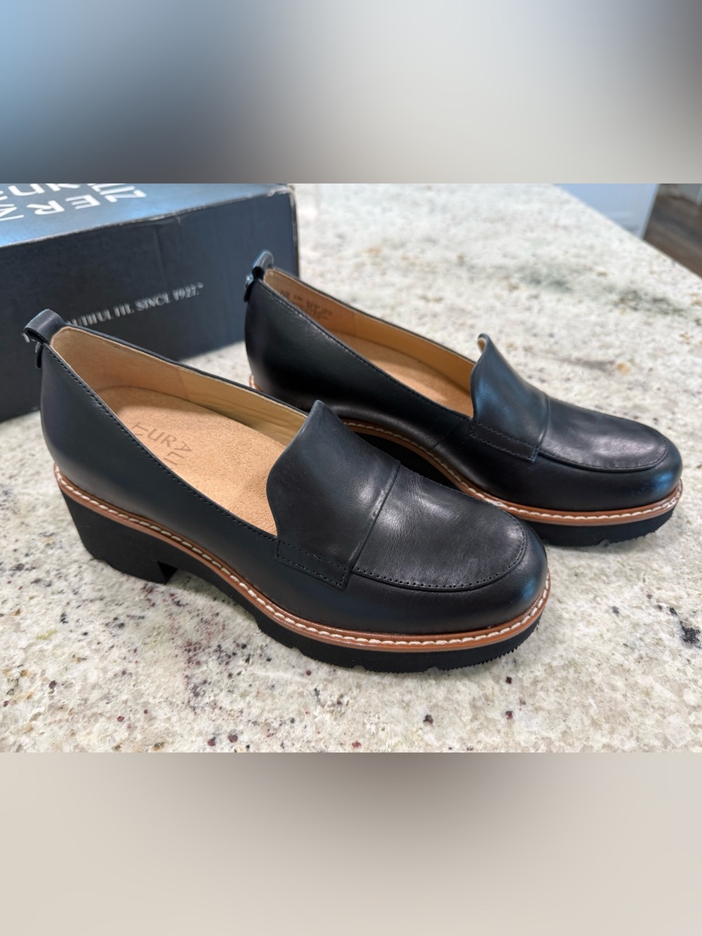 Naturalizer Black Leather Chunky "Darry" Loafers with Tan Welt - Picture 12 of 15